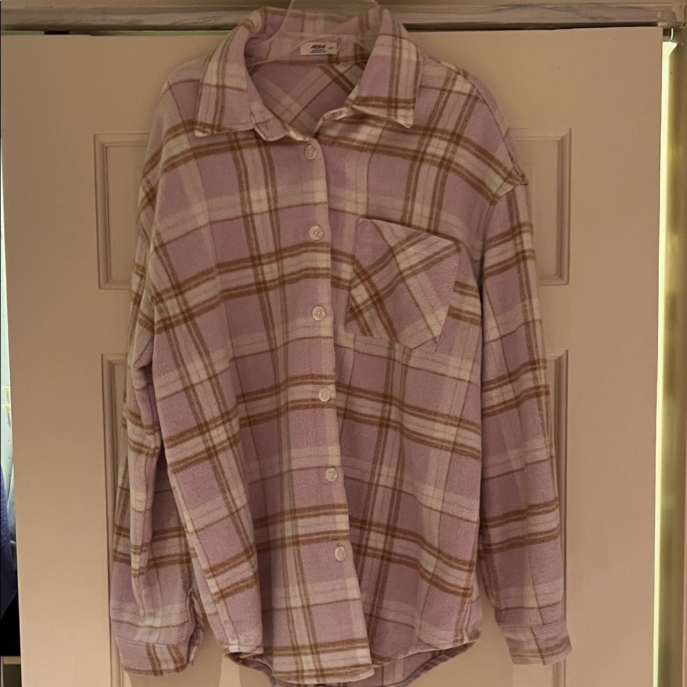 Plaid Button-Up Shirt in Lavender and Tan